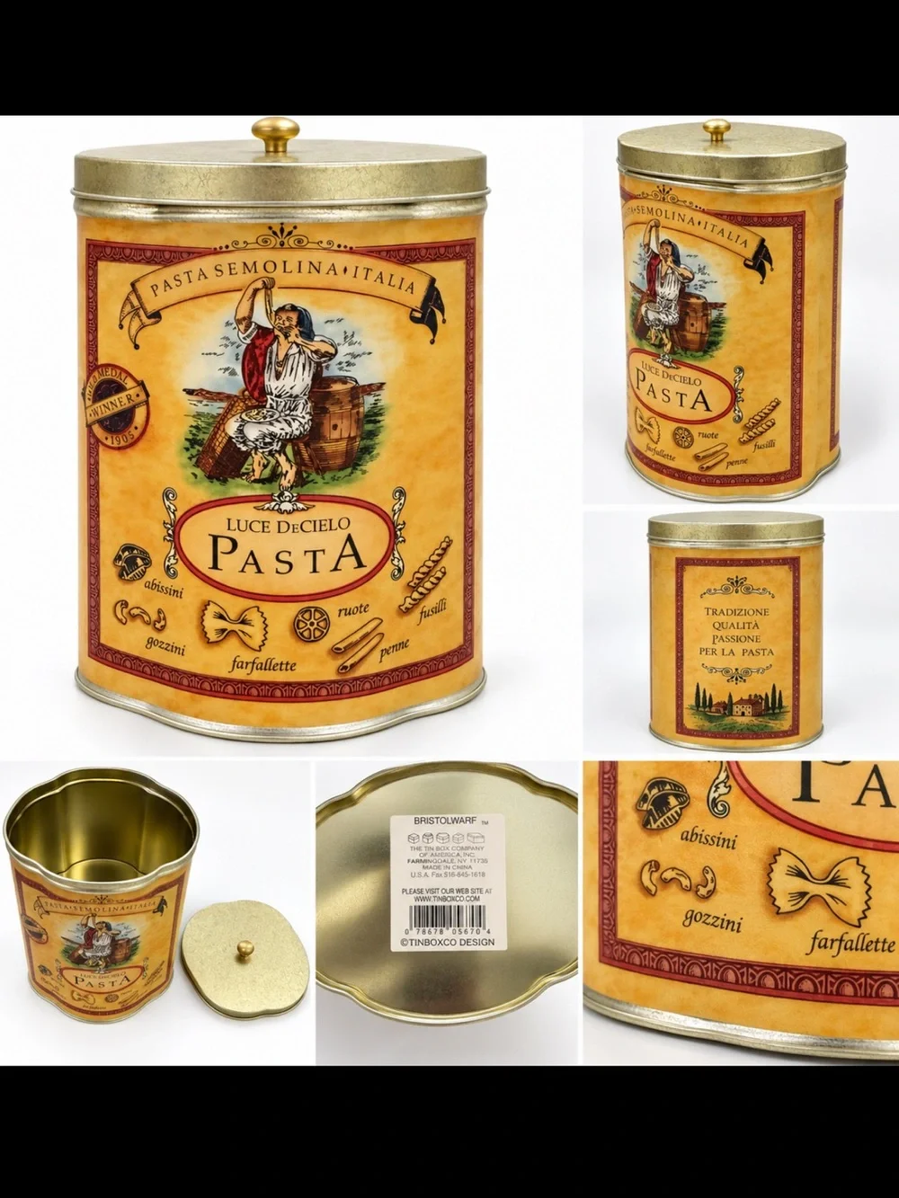Bristolware Italian Pasta Tin Canister Vintage Style Kitchen Storage Decor Gold